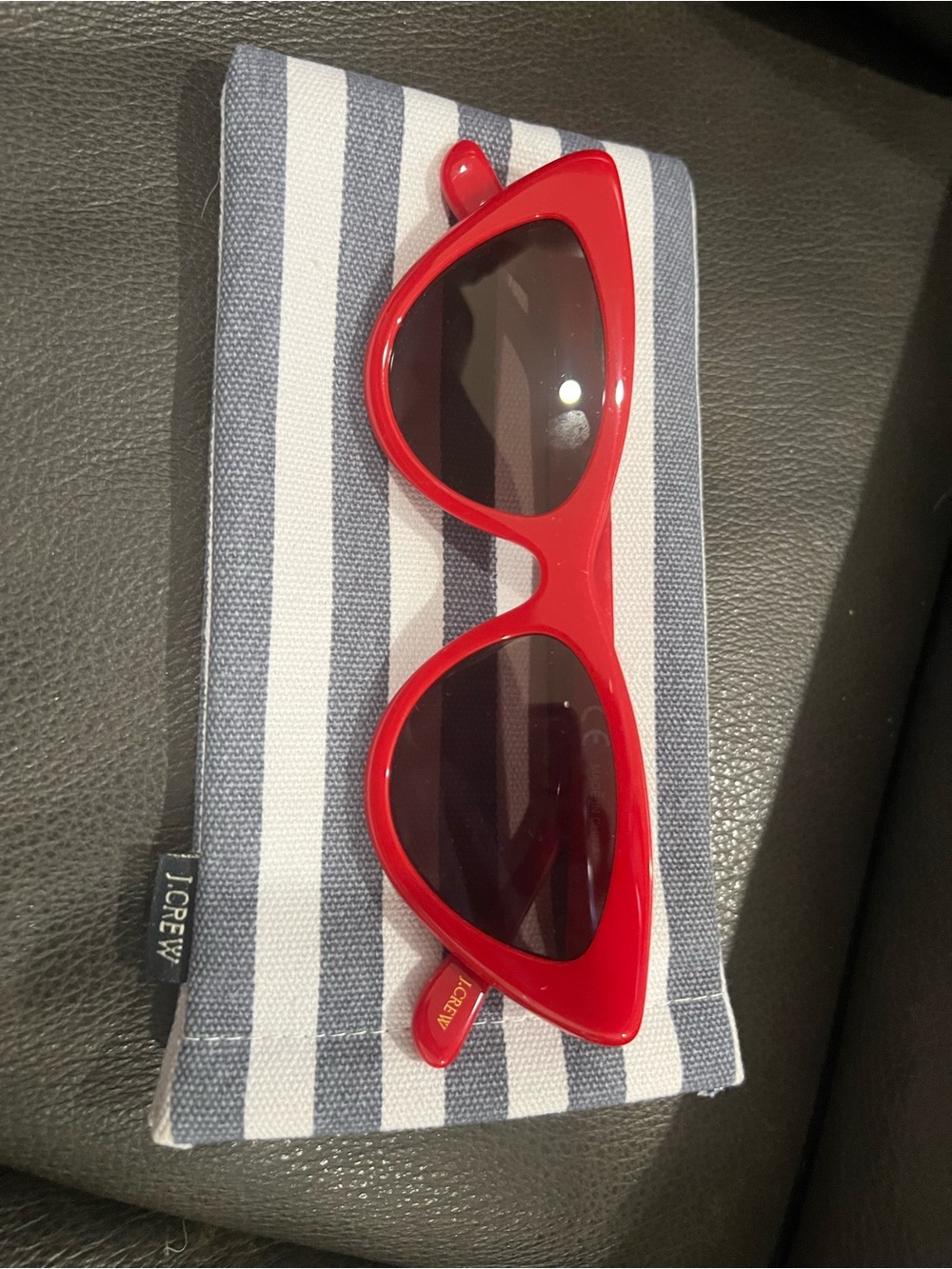 J. Crew Red Cat-Eye Sunglasses with Striped Pouch